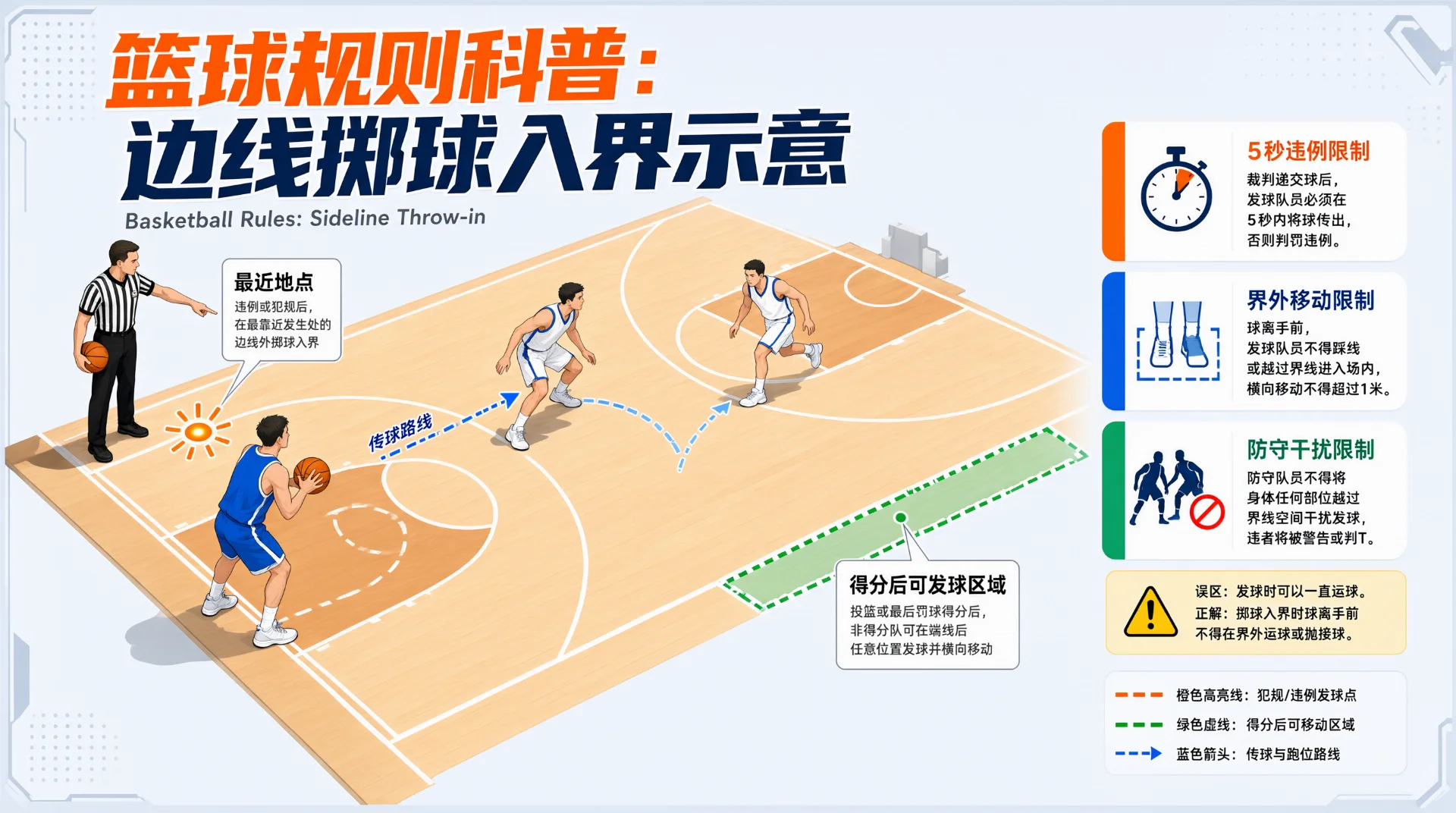 篮球规则科普图：等距篮球场边，裁判指向高亮发球点，蓝衣球员界外持球准备掷球入界，场内球员沿虚线箭头跑动；绿色虚线标出得分后可发球区域，右侧附规则说明图标。